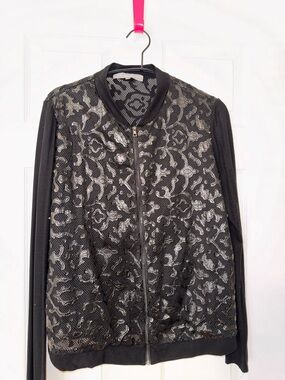 Lola & Sophie Black Lace-Overlay Bomber Jacket